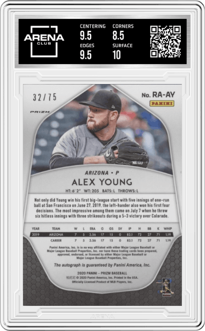 Alex Young from the 2020 Panini Prizm set featuring a Blue Prizm parallel graded by Arena Club and given an overall grade of 9.