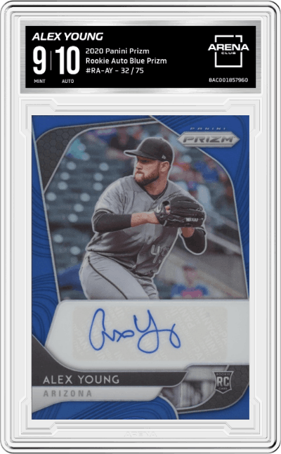 Alex Young from the 2020 Panini Prizm set featuring a Blue Prizm parallel graded by Arena Club and given an overall grade of 9.