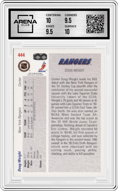 Doug Weight from the 1991-92 Upper Deck set graded by Arena Club and given an overall grade of 10.