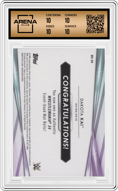 Dakota Kai from the 2021 Topps WWE  set featuring a Dark Green parallel graded by Arena Club and given an overall grade of 10.