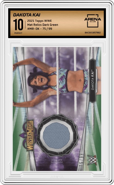 Dakota Kai from the 2021 Topps WWE  set featuring a Dark Green parallel graded by Arena Club and given an overall grade of 10.