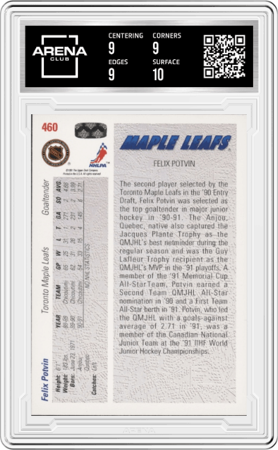 Felix Potvin from the 1991-92 Upper Deck set graded by Arena Club and given an overall grade of 9.5.