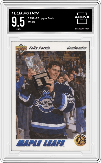 Felix Potvin from the 1991-92 Upper Deck set graded by Arena Club and given an overall grade of 9.5.