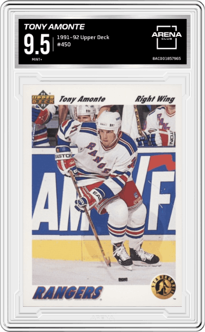 Tony Amonte from the 1991-92 Upper Deck set graded by Arena Club and given an overall grade of 9.5.