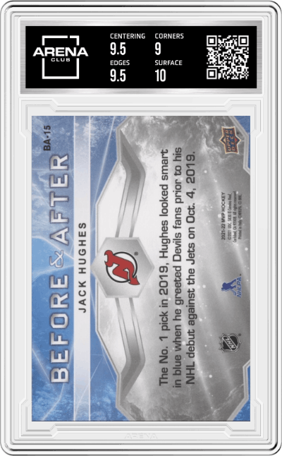 Jack Hughes from the 2021-22 Upper Deck MVP set graded by Arena Club and given an overall grade of 9.5.