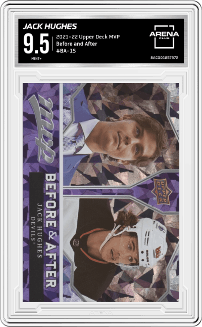 Jack Hughes from the 2021-22 Upper Deck MVP set graded by Arena Club and given an overall grade of 9.5.