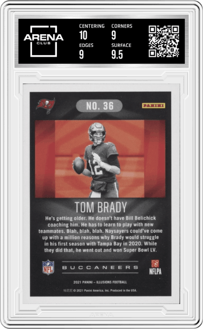 Tom Brady from the 2021 Panini Illusions set featuring a Trophy Collection Dots parallel graded by Arena Club and given an overall grade of 9.5.