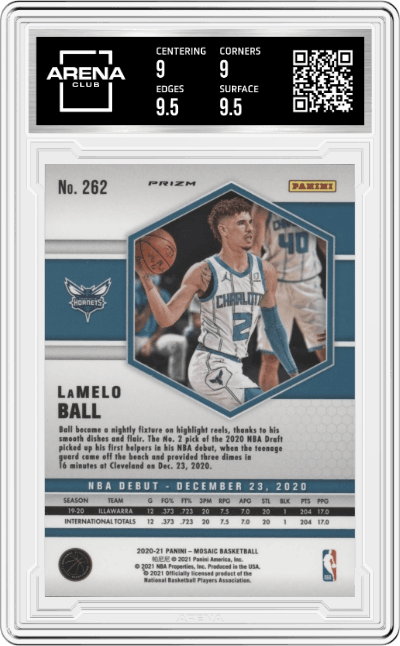 LaMelo Ball from the 2020-21 Panini Mosaic set featuring a Green Mosaic parallel graded by Arena Club and given an overall grade of 9.5.