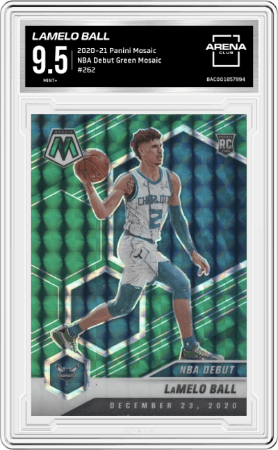 LaMelo Ball from the 2020-21 Panini Mosaic set featuring a Green Mosaic parallel graded by Arena Club and given an overall grade of 9.5.