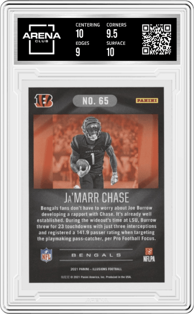 Ja'Marr Chase from the 2021 Panini Illusions set featuring a Retail parallel graded by Arena Club and given an overall grade of 9.5.