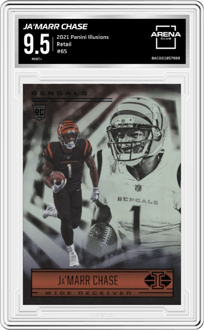 Ja'Marr Chase from the 2021 Panini Illusions set featuring a Retail parallel graded by Arena Club and given an overall grade of 9.5.