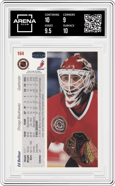 Ed Belfour from the 1991-92 Upper Deck set graded by Arena Club and given an overall grade of 9.5.