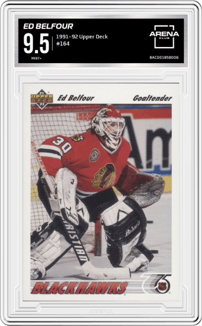 Ed Belfour from the 1991-92 Upper Deck set graded by Arena Club and given an overall grade of 9.5.