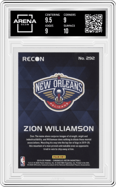 Zion Williamson from the 2019-20 Panini Chronicles  set graded by Arena Club and given an overall grade of 9.5.