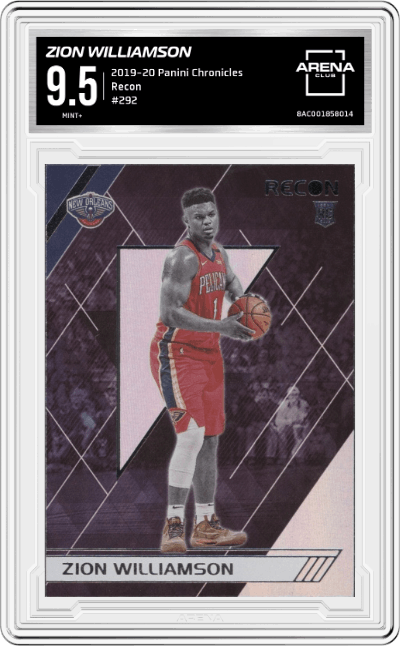 Zion Williamson from the 2019-20 Panini Chronicles  set graded by Arena Club and given an overall grade of 9.5.