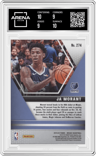 Ja Morant from the 2019-20 Panini Mosaic  set graded by Arena Club and given an overall grade of 9.5.