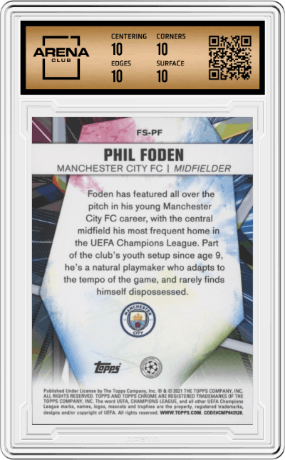 Phil Foden from the 2020-21 Topps Chrome UEFA Champions League set graded by Arena Club and given an overall grade of 10.
