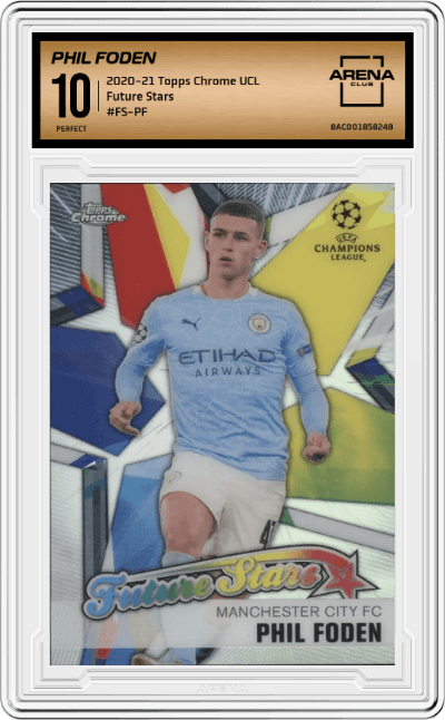 Phil Foden from the 2020-21 Topps Chrome UEFA Champions League set graded by Arena Club and given an overall grade of 10.