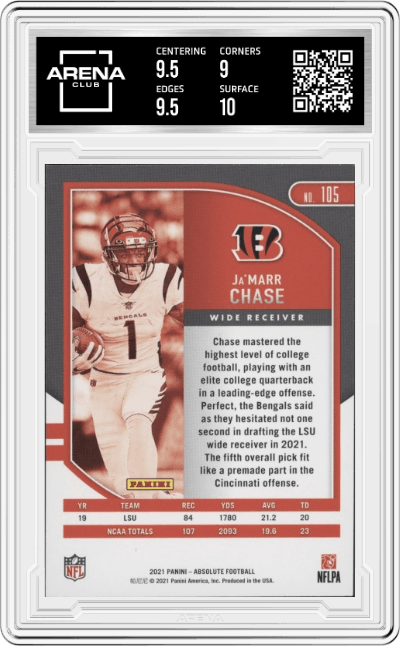 Ja'Marr Chase from the 2021 Panini Absolute set graded by Arena Club and given an overall grade of 9.5.