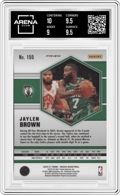 Jaylen Brown from the 2020-21 Panini Mosaic set featuring a Green Mosaic parallel graded by Arena Club and given an overall grade of 9.5.