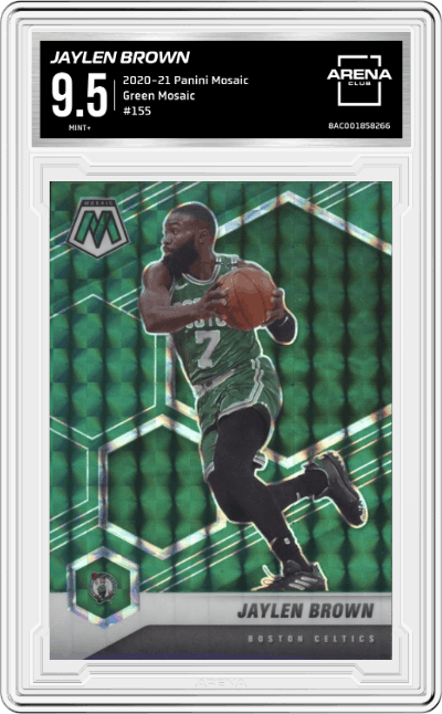 Jaylen Brown from the 2020-21 Panini Mosaic set featuring a Green Mosaic parallel graded by Arena Club and given an overall grade of 9.5.