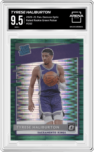 Tyrese Haliburton from the 2020-21 Panini Donruss Optic set featuring a Green Pulsar  parallel graded by Arena Club and given an overall grade of 9.5.