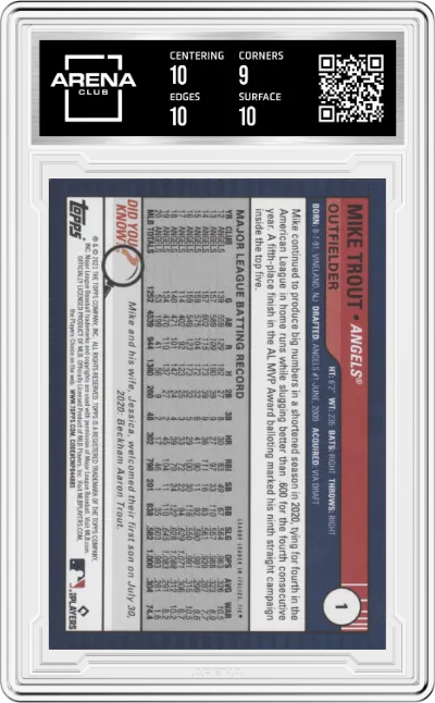 Mike Trout from the 2021 Topps Big League set graded by Arena Club and given an overall grade of 9.5.