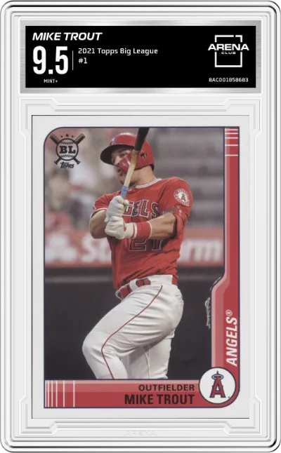 Mike Trout from the 2021 Topps Big League set graded by Arena Club and given an overall grade of 9.5.