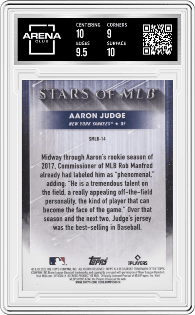 Aaron Judge from the 2022 Topps   set graded by Arena Club and given an overall grade of 9.5.