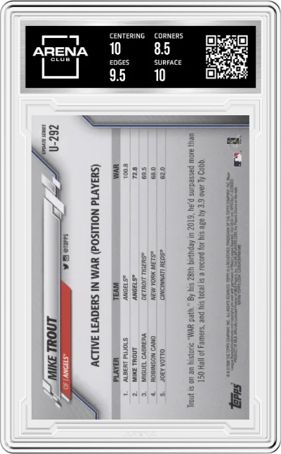 Mike Trout from the 2020 Topps Update  set graded by Arena Club and given an overall grade of 9.