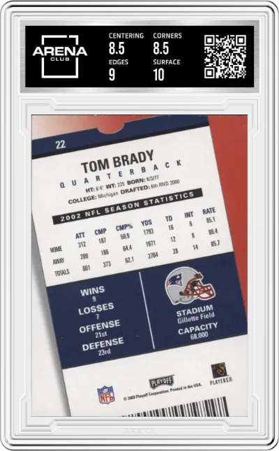 Tom Brady from the 2003 Playoff Contenders set graded by Arena Club and given an overall grade of 9.