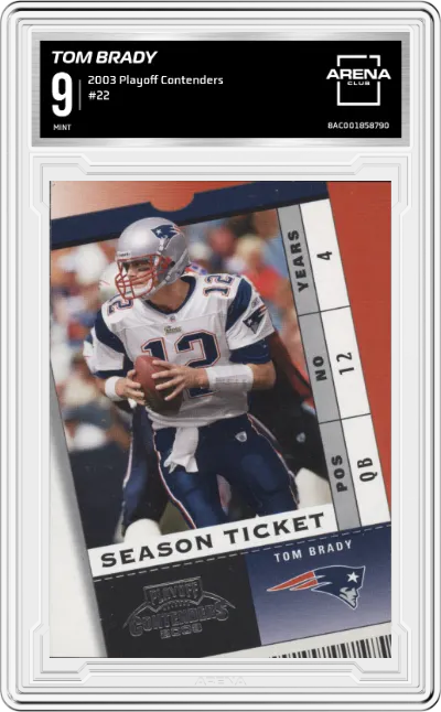 Tom Brady from the 2003 Playoff Contenders set graded by Arena Club and given an overall grade of 9.