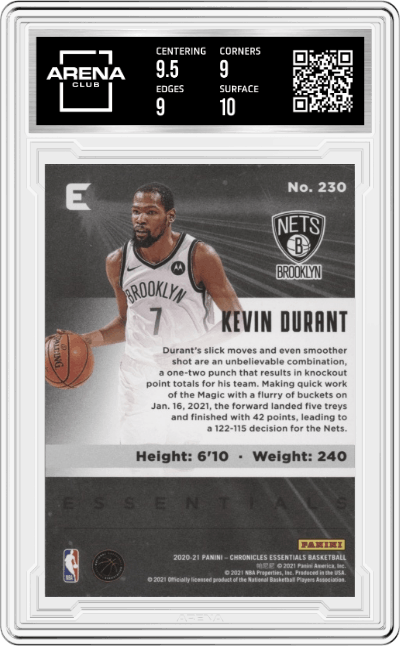 Kevin Durant from the 2020-21 Panini Chronicles set graded by Arena Club and given an overall grade of 9.5.
