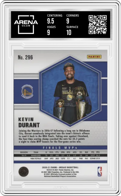 Kevin Durant from the 2020-21 Panini Mosaic set graded by Arena Club and given an overall grade of 9.5.