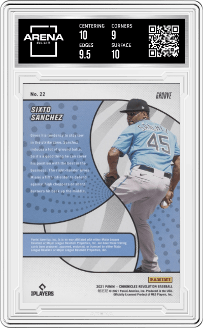 Sixto Sanchez from the 2021 Panini Chronicles set featuring a Groove parallel graded by Arena Club and given an overall grade of 9.5.