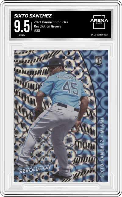 Sixto Sanchez from the 2021 Panini Chronicles set featuring a Groove parallel graded by Arena Club and given an overall grade of 9.5.