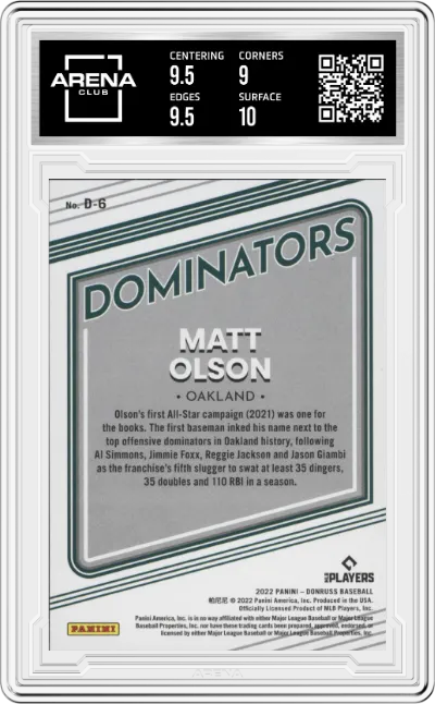 Matt Olson from the 2022 Panini Donruss set featuring a Diamond parallel graded by Arena Club and given an overall grade of 9.5.