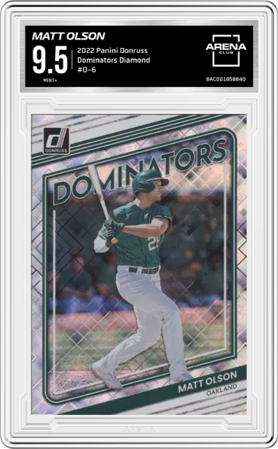 Matt Olson from the 2022 Panini Donruss set featuring a Diamond parallel graded by Arena Club and given an overall grade of 9.5.