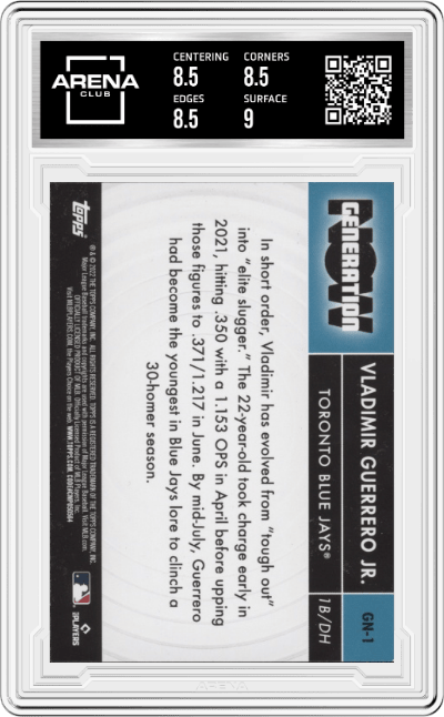 Vladimir Guerrero Jr. from the 2022 Topps   set graded by Arena Club and given an overall grade of 8.5.