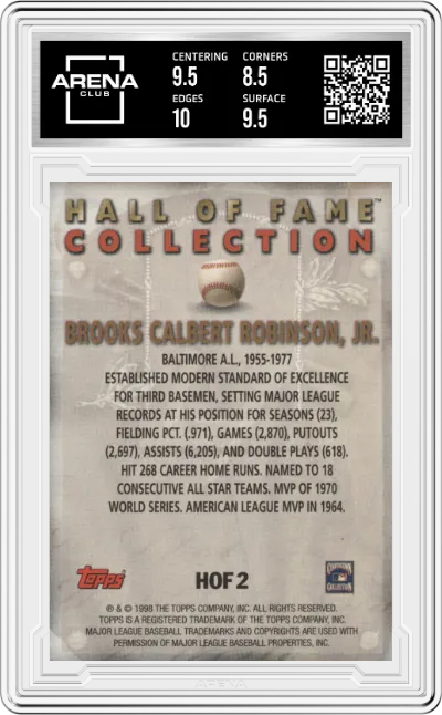 Brooks Robinson from the 1999 Topps set graded by Arena Club and given an overall grade of 9.