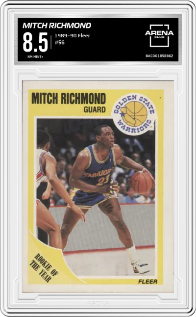 Mitch Richmond from the 1989-90 Fleer set graded by Arena Club and given an overall grade of 8.5.