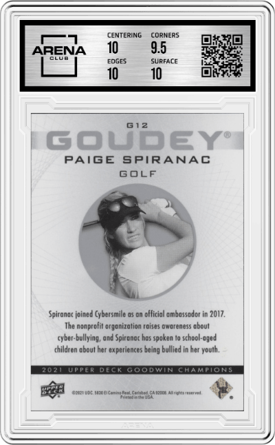 Paige Spiranac from the 2021 Upper Deck Goodwin Champions set featuring a Cosmic parallel graded by Arena Club and given an overall grade of 10.