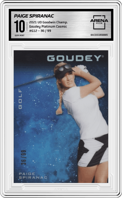 Paige Spiranac from the 2021 Upper Deck Goodwin Champions set featuring a Cosmic parallel graded by Arena Club and given an overall grade of 10.