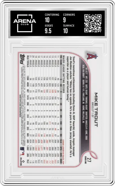 Mike Trout from the 2022 Topps   set graded by Arena Club and given an overall grade of 9.5.