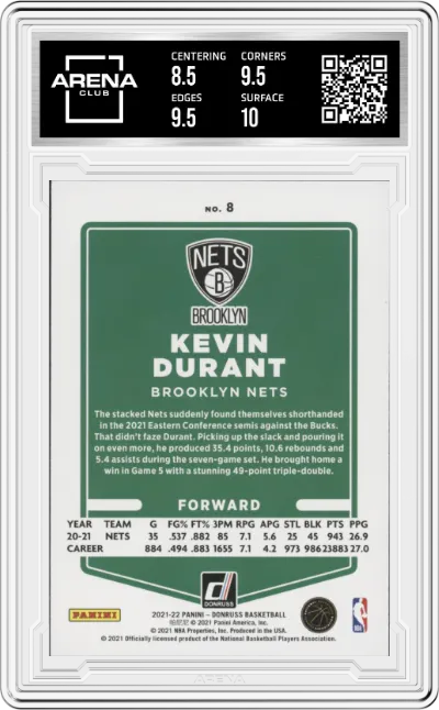 Kevin Durant from the 2021-22 Panini Donruss set graded by Arena Club and given an overall grade of 9.