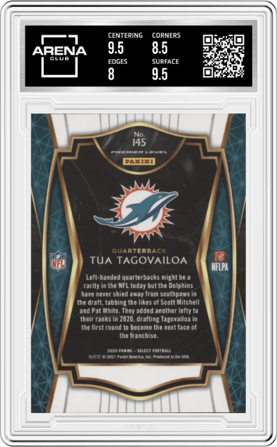 Tua Tagovailoa from the 2020 Panini Select set graded by Arena Club and given an overall grade of 8.5.