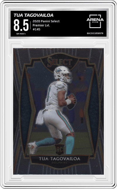 Tua Tagovailoa from the 2020 Panini Select set graded by Arena Club and given an overall grade of 8.5.