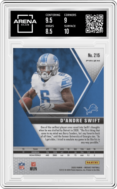 D'Andre Swift from the 2020 Panini Mosaic set featuring a Silver Mosaic parallel graded by Arena Club and given an overall grade of 9.