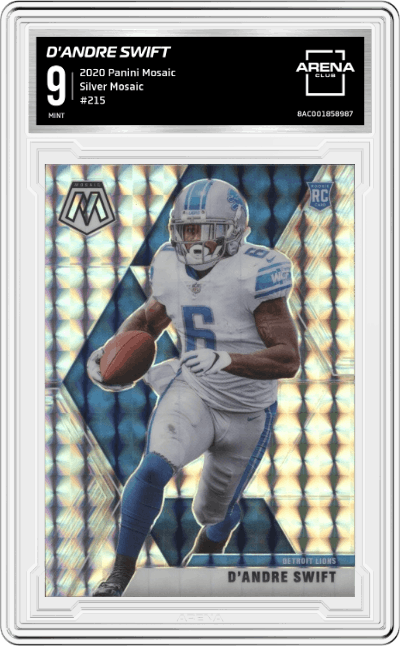 D'Andre Swift from the 2020 Panini Mosaic set featuring a Silver Mosaic parallel graded by Arena Club and given an overall grade of 9.