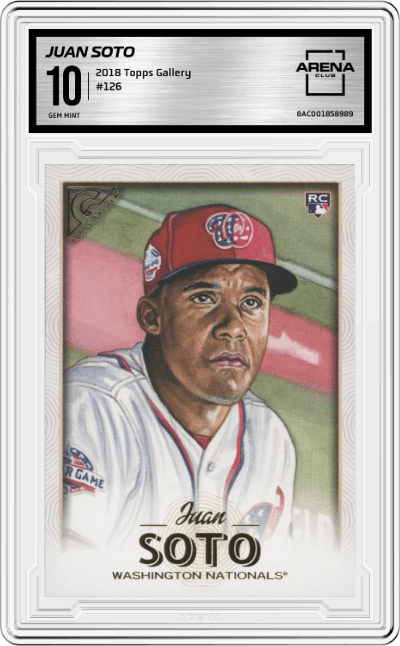 Juan Soto from the 2018 Topps Gallery set graded by Arena Club and given an overall grade of 10.